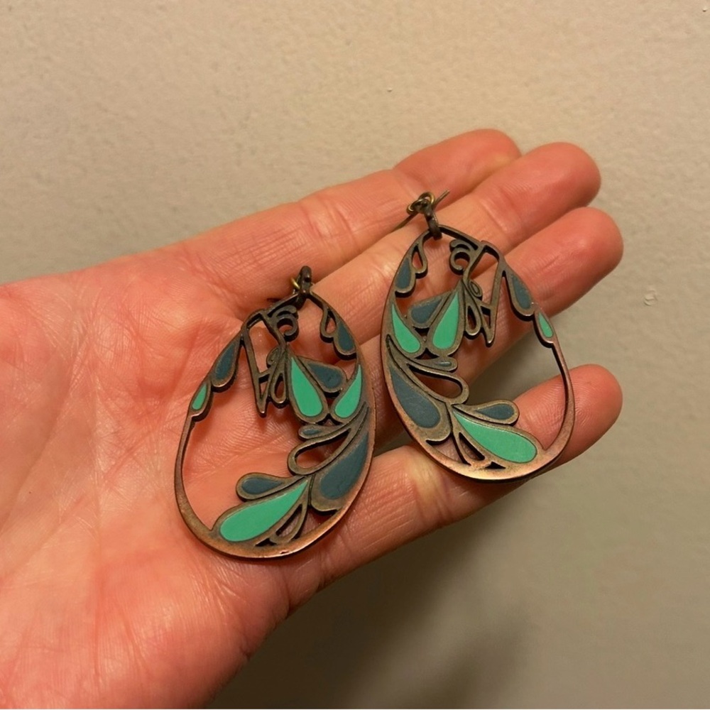 Vintage Lucky Brand Teardrop Floral Enamel Earrings - Turquoise & Teal